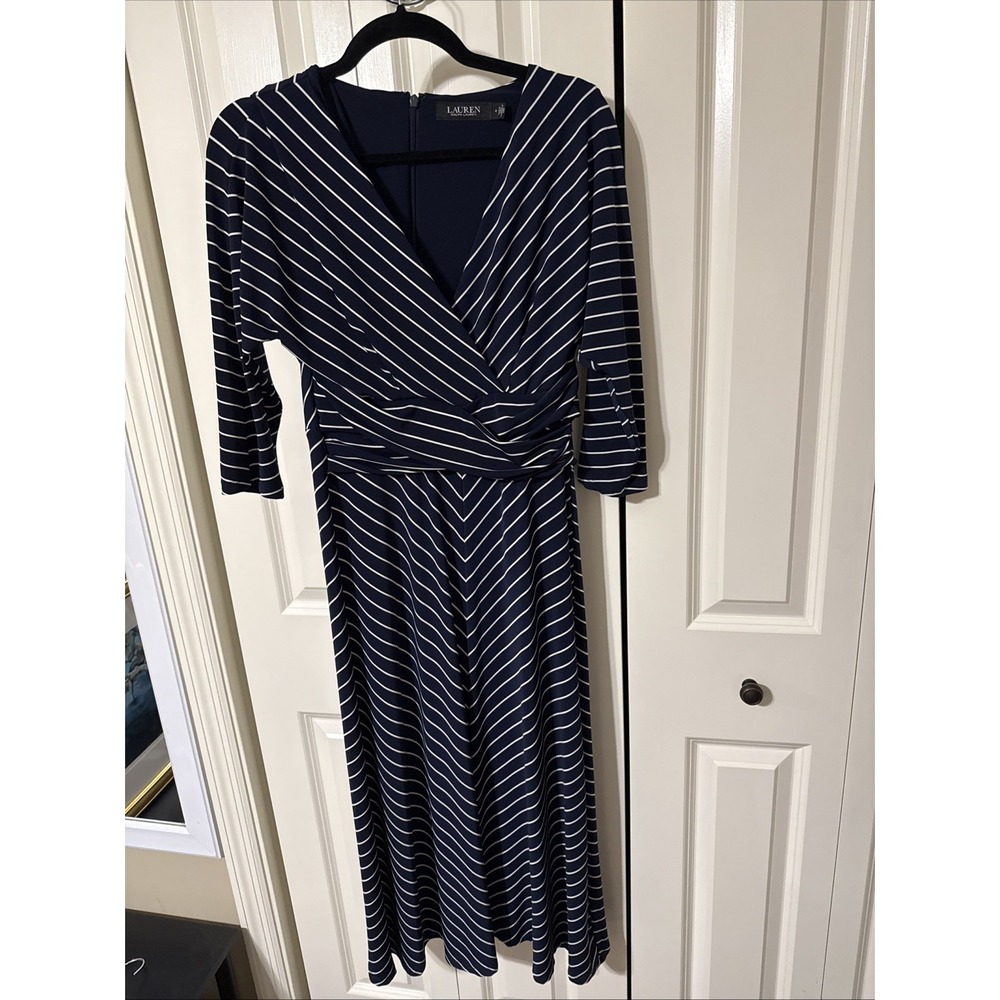 Lauren Ralph Lauren Navy And White Striped Jersey Midi Dress W 3/4 Sleeve Sz 4